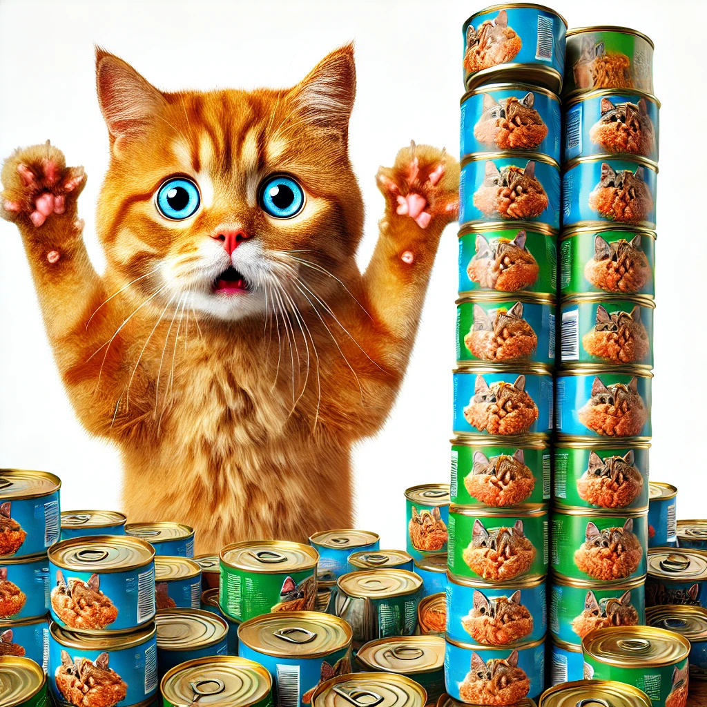 Poggers the cat looking shocked next to a pile of tuna cans. The accidental snaccident of ordering 100 cans of tuna live on stream!