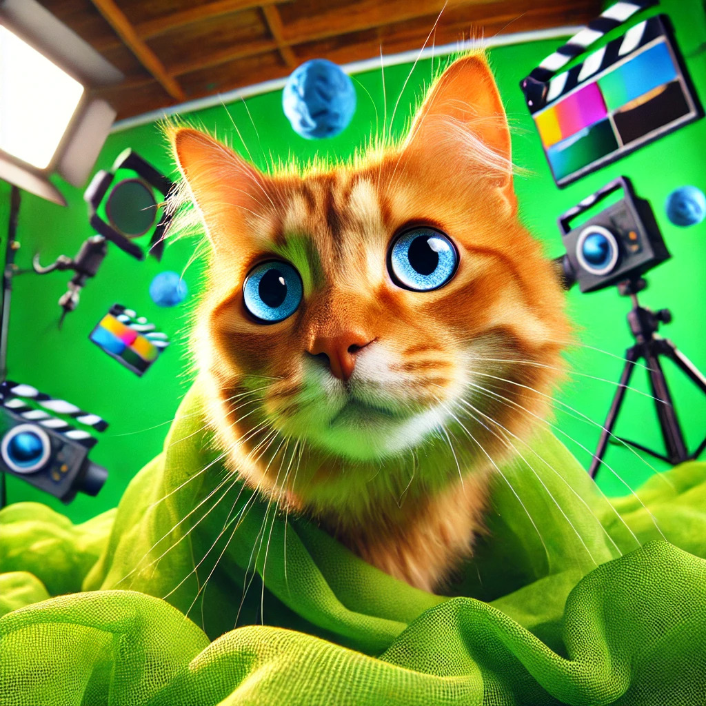 Poggers the cat tangled in a green screen, looking dramatically confused, during a live stream