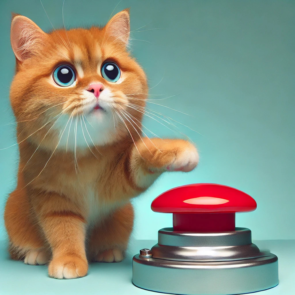 Poggers the cat pawing at a mysterious glowing red button, about to create streaming chaos